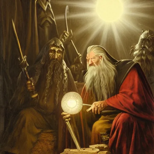 Prompt: the evil ian mckellen smithing on an anvil as gandalf in a dark viking hood playing odin all father crafting the bright sphere of life on an anvil, highly detailed, cinematic shot, cinematic lighting, 8 k, exquisit facial detail, colored painting by gustave dore and artemisia gentileschi, chiaroscuro, dark painting.