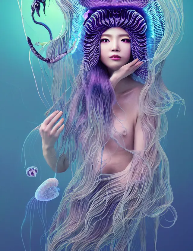 Image similar to 3 d goddess jellyfish half - turn portrait with long hair with ram skull. beautiful intricately detailed japanese crow kitsune mask and clasical japanese kimono. betta fish, jellyfish phoenix, bio luminescent, plasma, ice, water, wind, creature, artwork by tooth wu and wlop and beeple and greg rutkowski