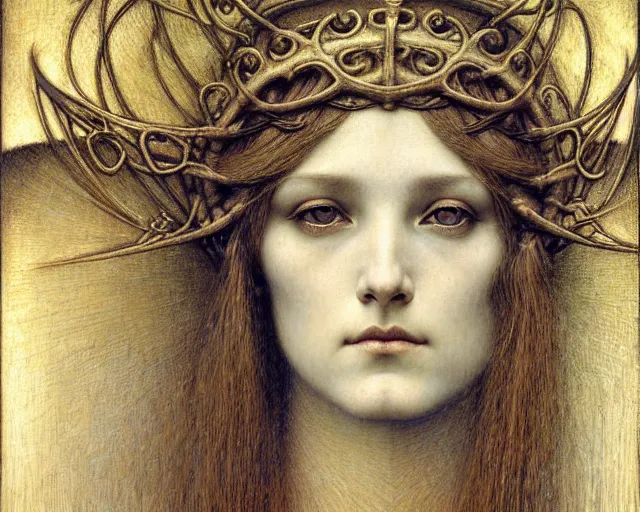 Image similar to detailed realistic beautiful young medieval queen face portrait by jean delville, gustave dore and marco mazzoni, art nouveau, symbolist, visionary, gothic, pre - raphaelite. horizontal symmetry