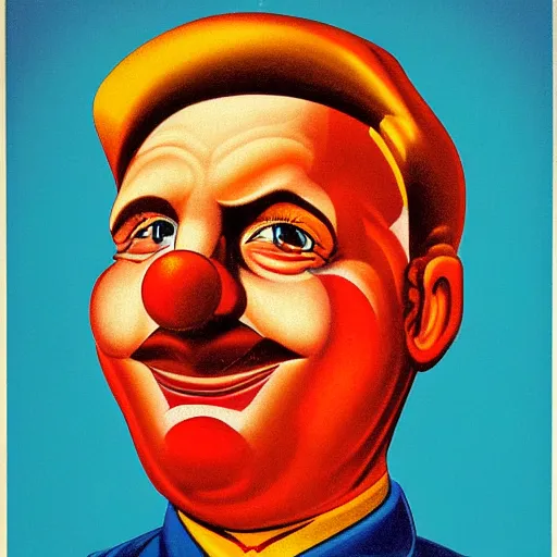 Image similar to communist clown portrait, propaganda art style, vivid colors