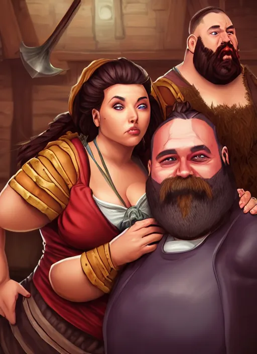 Image similar to an epic fantasy comic book style portrait painting of a hearty man with a big belly and thick beard and large woman who are a couple in a tavern with them both wearing aprons, unreal 5, daz, hyperrealistic, octane render, cosplay, rpg portrait, dynamic lighting