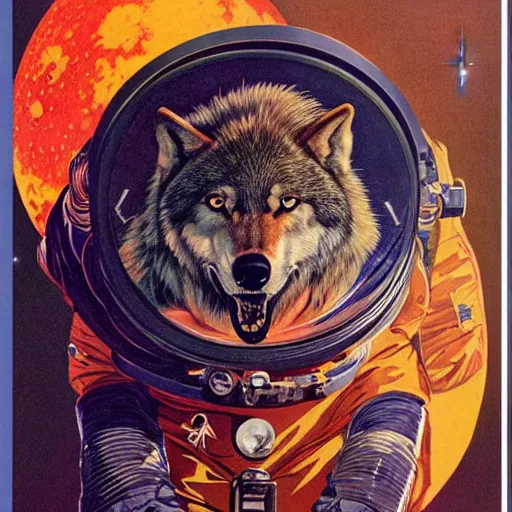 Image similar to A portrait of a wolf in an astronaut suit, by Bruce Pennington and Vincent DiFate, wolf astronaut