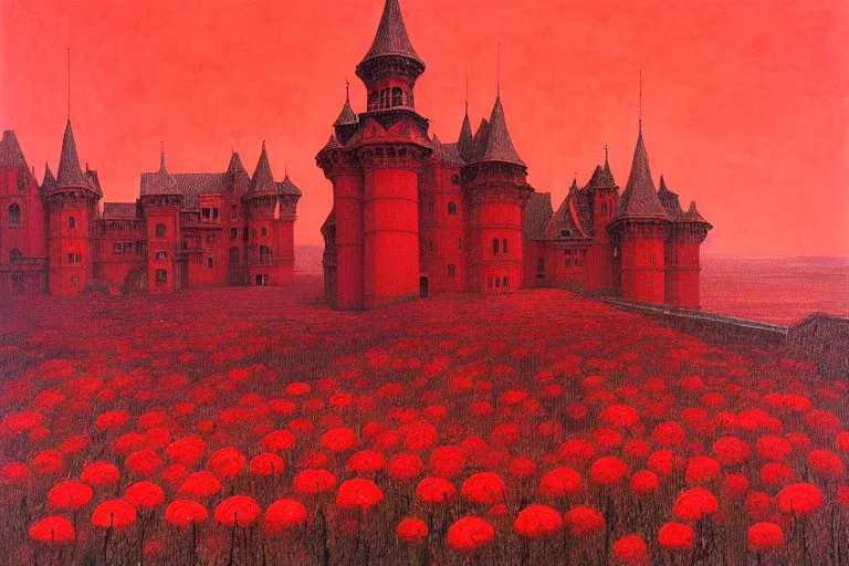 Image similar to only with red, red flowers of different types, red castle in background, red medieval goblins, in the style of beksinski, parts by edward hopper, parts by rodcenko, parts by yue minjun, intricate and epic composition, red by caravaggio, insanely quality, highly detailed, masterpiece, red light, artstation, 4 k