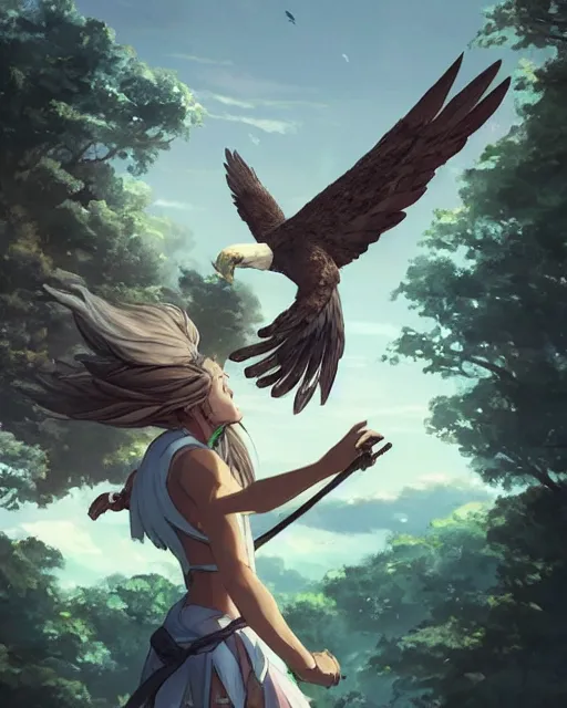 Image similar to a female anthropomorphic eagle warrior standing heroically on a rock. trees. She has two wings at her back. Atmospheric lighting, By Makoto Shinkai, Stanley Artgerm Lau, WLOP, Rossdraws, James Jean, Andrei Riabovitchev, Marc Simonetti, krenz cushart, Sakimichan, D&D trending on ArtStation, digital art.