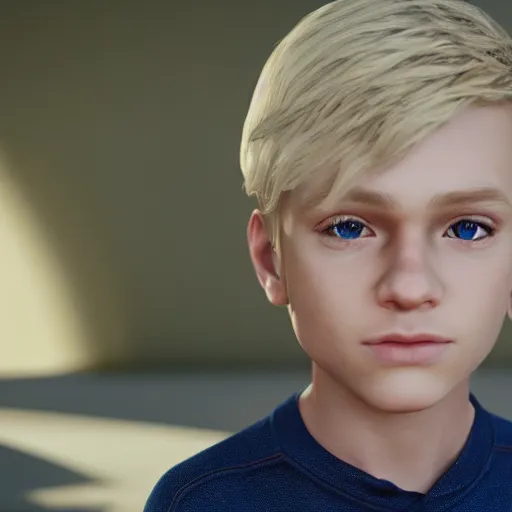 Image similar to a detailed portrait of boy with blonde hair and blue eyes, unreal engine 5 rendered, incredibly highly detailed and realistic, 8 k, sharp focus, studio quality