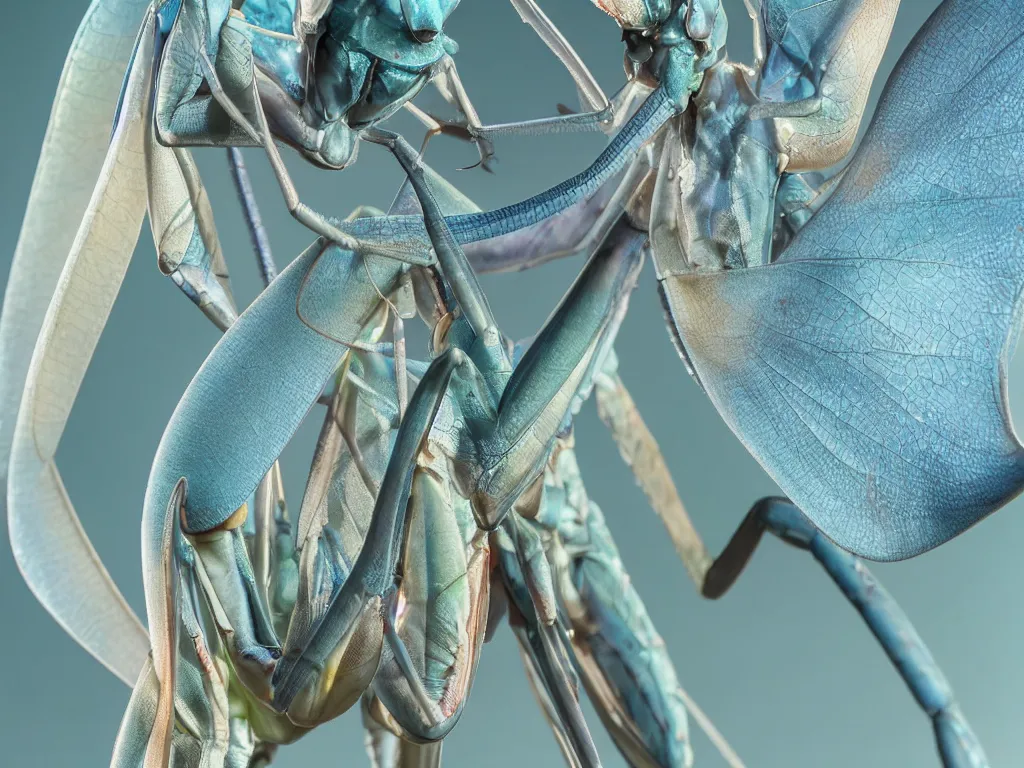 Prompt: close - up macro of a blue praying mantis. orchid mantis standing. petri dish art. subsurface scattering, translucency, backlit, diffused, smooth. studio photography high quality highly detailed award winning photograph by national geographic, by slim aarons. complementary color scheme. ( sculpture by antonio canova )