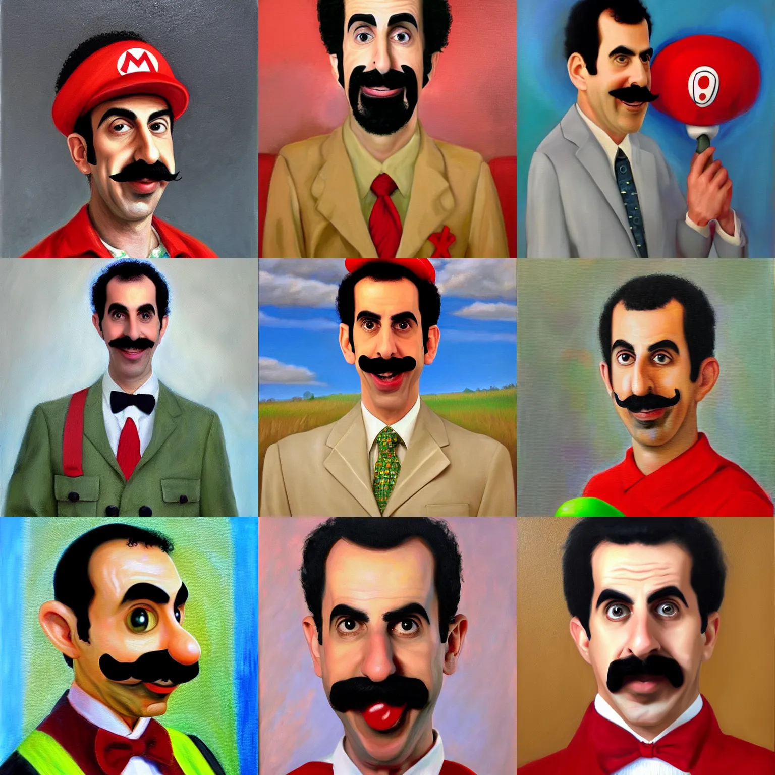 Prompt: portrait of borat as mario, realistic oil painting