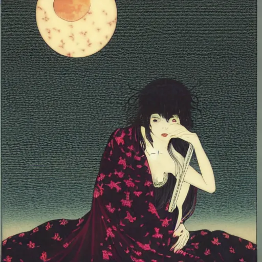 Image similar to vampire fairy demon looking at the moon at deep night by takato yamamoto and stephanie priscilla, 4 k oil painting