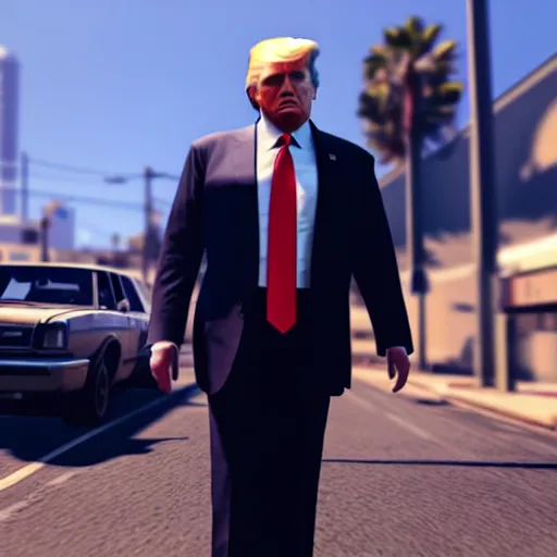 Image similar to donald trump in gta v, ps 5 screenshot, isometric view, third person gameplay, boss battle, 3 d render, cryengine, highly detailed