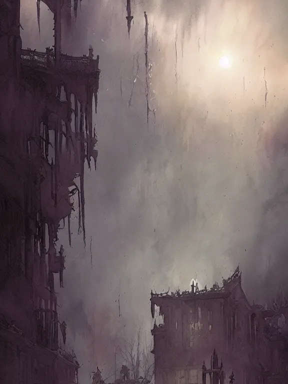 Image similar to a group of urban fantasy adventurers approach a tall and foreboding haunted house at sunset, teal spectral denizens rise from windows, detailed realistic watercolor by greg rutkowski and kwanchai moriya, haunting, ominous, exciting, solemn, lightning study