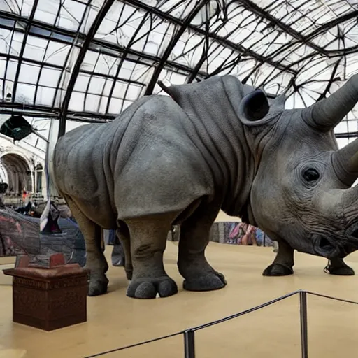 Prompt: mechanical rhinoceros destroys exhibition hall at royal museum, hyper realistic