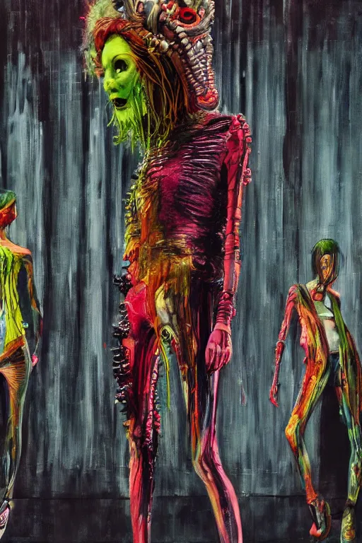 Prompt: crazy fashion catwalk, one model, crazy clothes, biopunk style, horror, clothes look like slime, hauntingly surreal, highly detailed painting by francis bacon, edward hopper, adrian ghenie, gerhard richter, and james jean soft light 4 k,