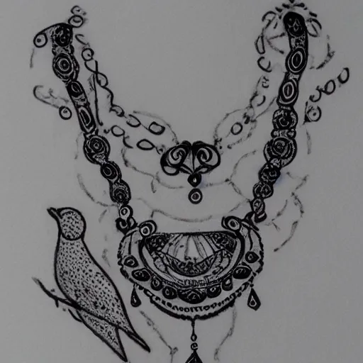 Prompt: black and white opulent necklace neckline feminine tattoo sketch with jewels and birds on paper