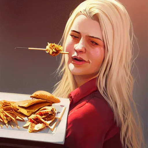 Image similar to portrait of a blonde chubby woman eating kebab, light stubble with red shirt ,digital art,photorealistoc,art by greg rutkowski,hyperdetailed,western comic style,comic,comic style,sharp lineart,professional lighting,deviantart,artstation,trevor henderson,rossdtaws,cinematic,dramatic