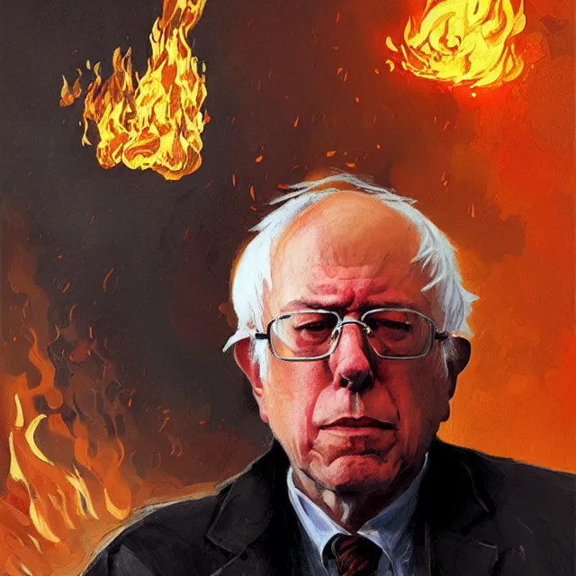 Image similar to Bernie Sanders as a firebender, portrait, elegant, intricate, digital painting, artstation, concept art, smooth, sharp focus, illustration, art by konstantin korovin and Daniel F. Gerhartz and john howe