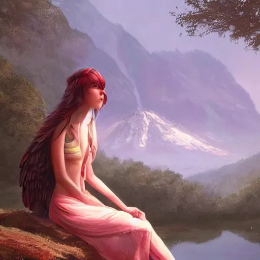 Prompt: humanoid bird, sitting at a pond, mountainous area, trees in the background, oil painting, by Fernanda Suarez and Greg Rutkowski