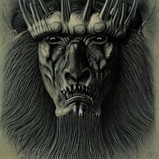 Prompt: a creature with the body and eyes of a man, with the beak of an eagle, the mane of a lion, and the horns of an ox. drawn by zdzislaw beksinski and giger, dark blue