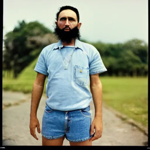 Prompt: fidel castro wearing denim shorts, from behind, full body portrait, 3 5 mm film, by nan goldin