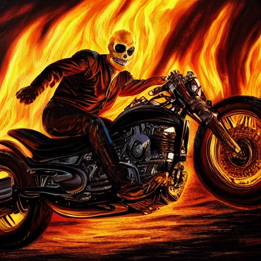Image similar to Ghost rider oil painting hyper realistic 4K quality