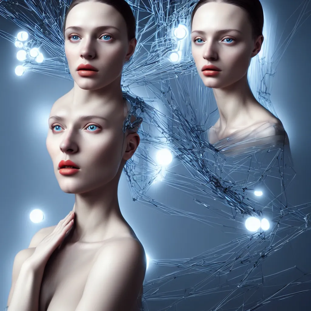 Image similar to hyperrealism photography computer simulation visualisation of parallel universe cgi scene with beautiful highly detailed ukrainian woman by caravaggio wearing neofuturistic neural interface by josan gonzalez - s 1 5 0
