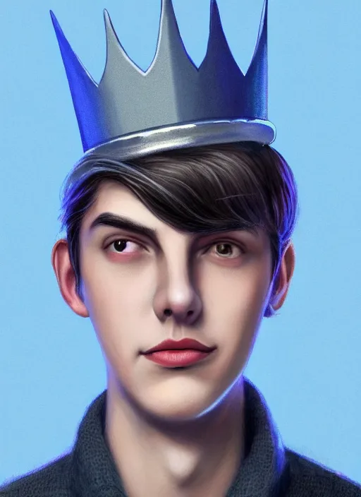 Image similar to portrait of teenage jughead jones wearing a light grey crown, crown, blue turtleneck, 1 9 5 0 s, closed eyes, photorealistic, black hair, glowing lighting, intricate, elegant, glowing lights, highly detailed, digital painting, artstation, concept art, smooth, sharp focus, illustration, art by wlop, mars ravelo and greg rutkowski