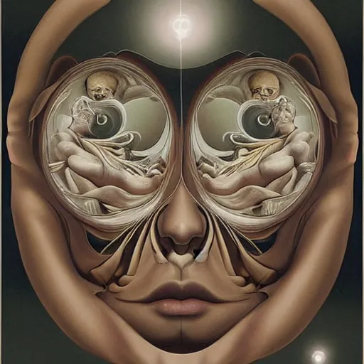 Image similar to a beautiful composition of deeply moving genius, flawless and incredible facial portraiture, depicting Father Time who has two faces and is regarding himself as if in the mirror; wondrous futuristic digital paint, by M. C. Escher