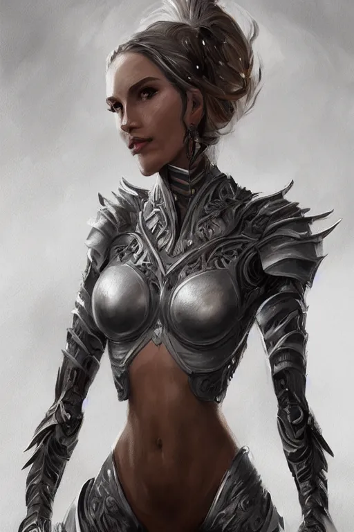 Image similar to three-quarters portrait pose of a beautiful woman, slim body, shining armor, human warrior, fantasy, intricate, elegant, highly detailed, digital painting, artstation, concept art, matte, sharp focus,D&D, illustration, art by Stanley Lau