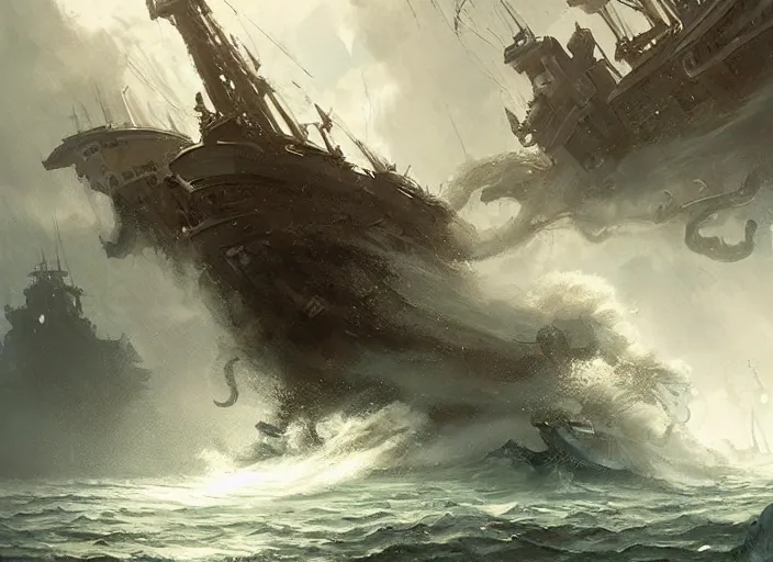 Prompt: Kraken attacking a ship, a fantasy digital painting by Greg Rutkowski and James Gurney, trending on Artstation, highly detailed