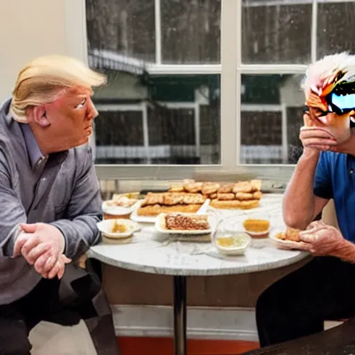 Image similar to photograph of trump and Biden sitting and eating breakfast at a Wafflehouse