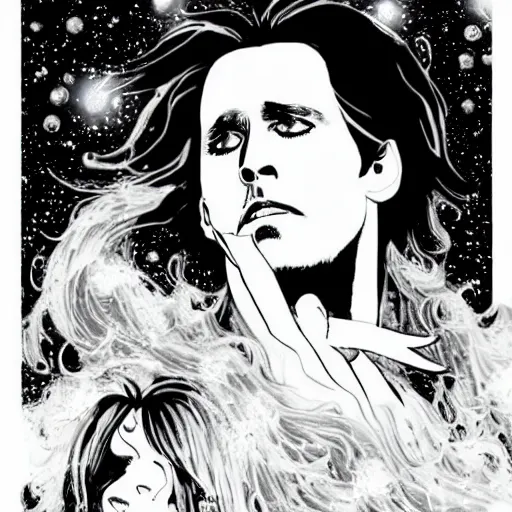 Image similar to black and white pen and ink!!!!!!! Johnny Depp x Ryan Gosling wearing cosmic space robes made of stars final form flowing royal hair golden!!!! Vagabond!!!!!!!! floating magic swordsman!!!! glides through a beautiful!!!!!!! Camellia flower battlefield dramatic esoteric!!!!!! Long hair flowing dancing illustrated in high detail!!!!!!!! by Moebius and Hiroya Oku!!!!!!!!! graphic novel published on 2049 award winning!!!! full body portrait!!!!! action exposition manga panel black and white Shonen Jump issue by David Lynch eraserhead and beautiful line art Hirohiko Araki!! Rossetti, Millais, Mucha, Jojo's Bizzare Adventure