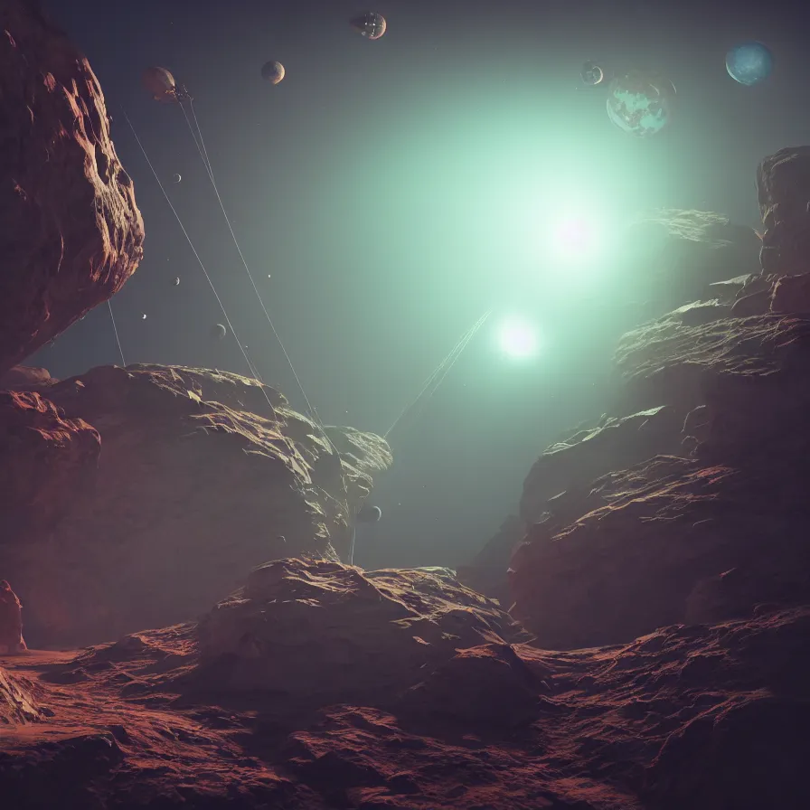 Image similar to mining device hooked to a planet, volumetric light, dynamic lights and shadows, concept art, octane, redshift, detailed