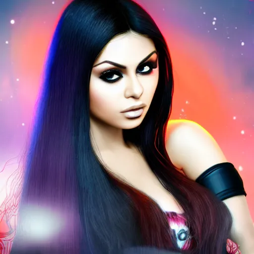 Image similar to portait of haifa wehbe, sadness look, long purple hair centred, hd, digital painting, unreal engine, final fantasy style, very beautifull face, amazing red orange background theme