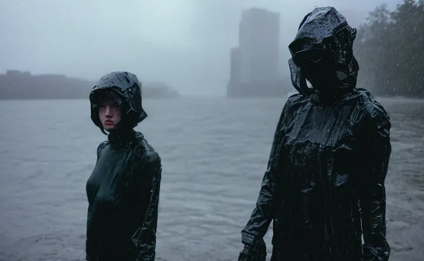 Image similar to cinestill 5 0 d candid photographic portrait by helen levitt of two loving female androids wearing rugged black mesh techwear in treacherous waters, extreme closeup, modern cyberpunk moody depressing cinematic, pouring rain, 8 k, hd, high resolution, 3 5 mm, f / 3 2, ultra realistic faces, ex machina