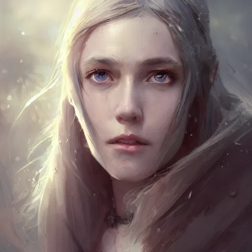 Prompt: a portrait of a beautiful hopeful lady with pretty eyes, beautiful eyes, highly detailed eyes, looking up, looking up, light smiling, art of wlop and greg rutkowski, intricate, high details, eyes, epic fantasy art, cgsociety, trending on artstation, bright light masterpiece, ray of light through white hair