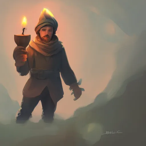 Image similar to a male adventurer wearing a black night cap with a puffball, holding a candle, portrait, d & d, science fiction, concept art, matte, sharp focus, illustration, concept art, jason chan, dan luvisi, karl thiart, uhd, 4 k, very detailed