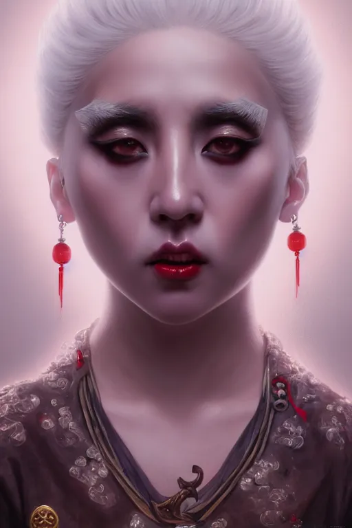 Image similar to a demonic horrific chinese portrait of lady gaga, white eyes, bored, illustration, soft lighting, soft details, painting oil on canvas by edmund blair leighton and charlie bowater octane render, hdr, trending on artstation, 4 k, 8 k, hd