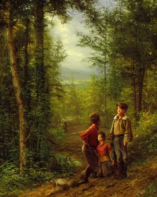 Image similar to an oil painting of a young, poor peasant brother and sister in the forest, by thomas kincade, ivan shiskin, and james gurney