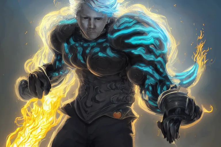 Image similar to Digital art of Lucius with fluffy curly blond hair, throwing a wild fire blast from his hands, reforming his body parts out of silvery obsidian nanites. Genetically engineered super soldier in a scorched land with a black roiling sky. Epic artstation league of legends splash art