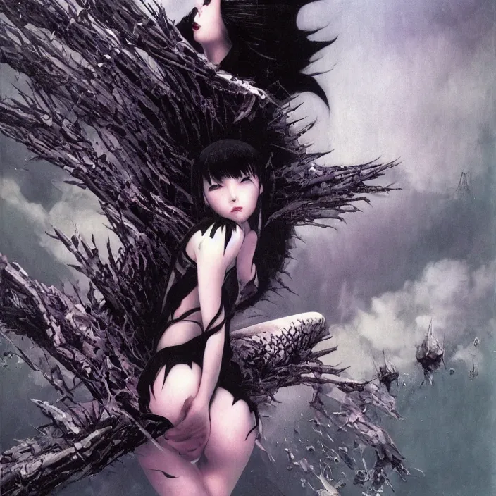 Prompt: cruel korean goth girl, cute, full body, spikes, latex, rubber, anime aesthetic, chibi, hyperrealistic, detailed, smooth, very smooth, brushwork, digital painting, sharp focus, concept art, fantasy, by junji ito, by bruce pennington, by annie leibovitz