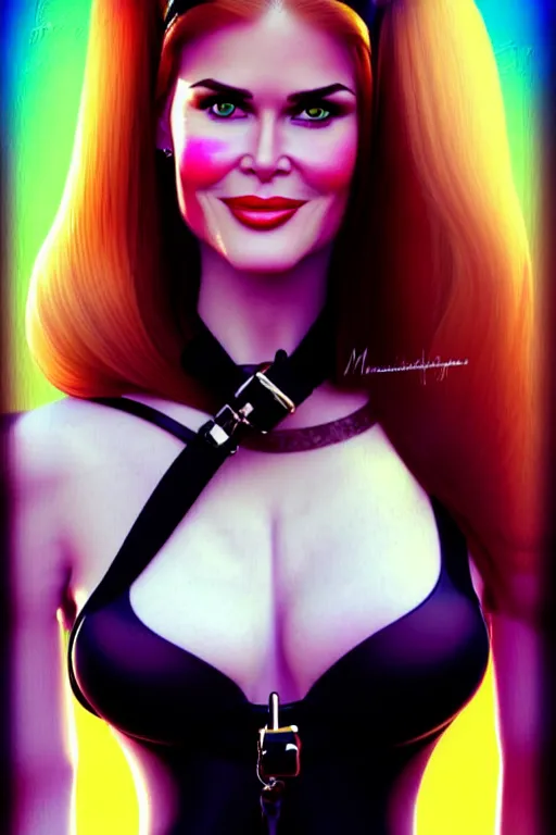 Image similar to mix of beautiful young maria shriver, mariel hemmingway, brooke shields, nicole kidman and elle macpherson as a dominatrix, thin lips, hair tied up in a pony tail, dark blonde hair, colorful, deviantart, artstation, cgsociety