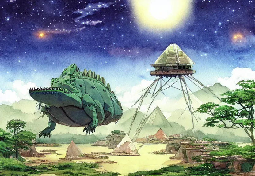 Image similar to a hyperrealist watercolor concept art from a studio ghibli film showing a giant mechanized crocodile from howl's moving castle ( 2 0 0 4 ). a pyramid is under construction in the background, in the rainforest on a misty and starry night. a ufo is in the sky. by studio ghibli