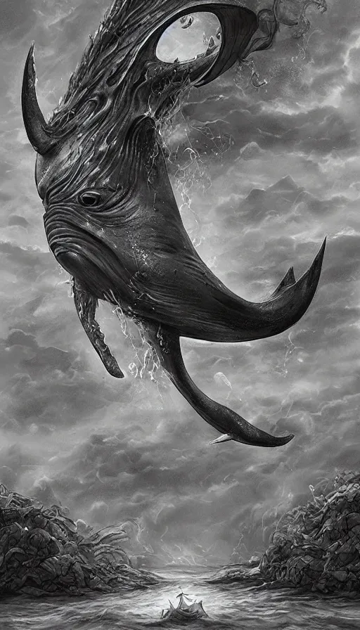 Prompt: summoning an ancient whale spirit, wet, surrealistic, dark fantasy, highly detailed concept art