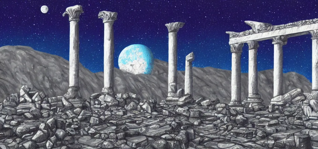 Image similar to The ruins of the Silver Millennium on the moon from Sailor Moon, digital painting, Earth in the distance, Greek-esque columns and ruins