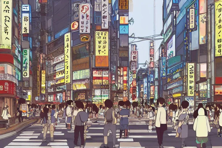 Image similar to Shibuya with traditional Japanese architecture, scene from a Studio Ghibli film, digital painting, concept art by Hayao Miyazaki