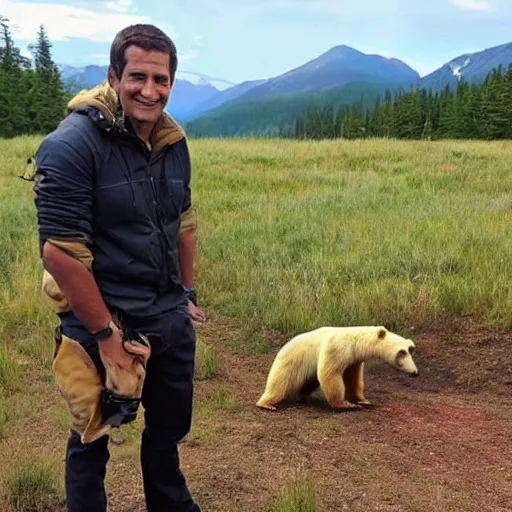 Prompt: Bear Grylls finds a bear that grills