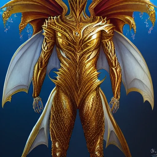 Prompt: a symmetrical muscular full body wearing a dragon armor with wings made of golden ornaments and gems, by alex gray and android jones , Karol Bak, Ayami Kojima, Amano , concept art, character design, fantasy,3D, 8k resolution