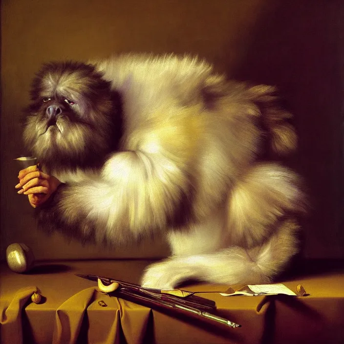 Prompt: still life painting of a beautiful cute purple hairy monster by pieter claesz, oil on canvas, strong lighting, highly detailed, hyper realism, golden hour, god rays, hd, 4 k