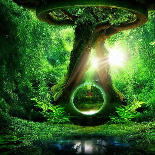 Prompt: active stargate water portal to another dimension inside a beautiful tree in a densely overgrown jungle, fantasy, dreamlike sunrise volumetric lighting, ultra realistic, atmospheric, stopped in time, epic