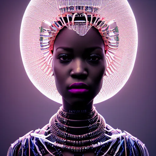 Image similar to portrait of an absurdly beautiful, graceful, sophisticated, fashionable african cyberpunk mechanoid gravure idol, hyperdetailed illustration by irakli nadar, adut akech, matt wisniewski style, intricate linework, white porcelain skin, jellyfish headdress, crystal ruff, unreal engine 5 highly rendered, global illumination, red light, detailed and intricate environment