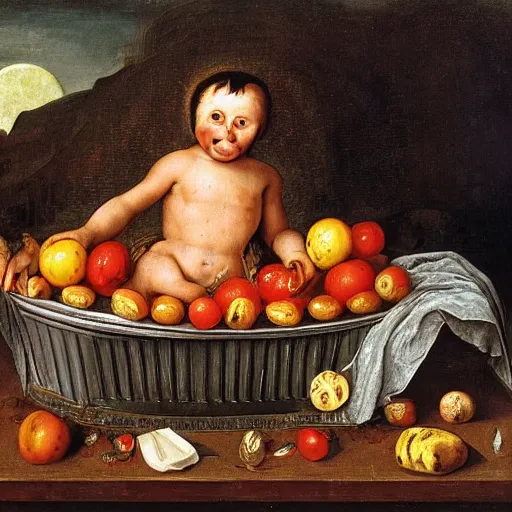 Image similar to a boy sitting in a tub full of tomato sauce, the moon is made by bananas, by giuseppe arcimboldo, renaissance, portrait, fruit, detailed oil paint, high definition